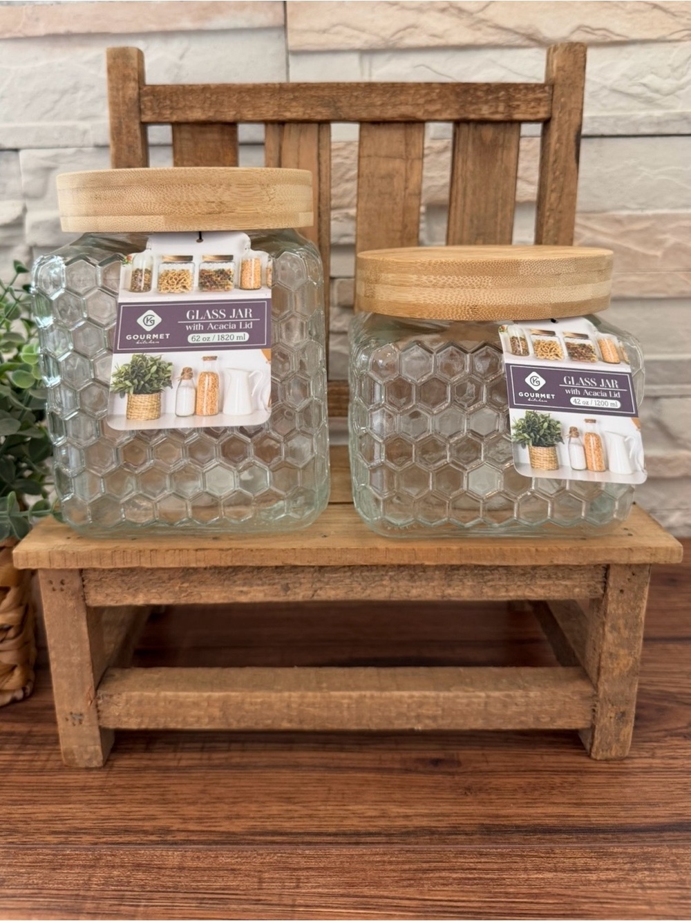 🆕 Set of 2 | Glass Honeycomb Storage Canisters / Jars with Bamboo Lids!